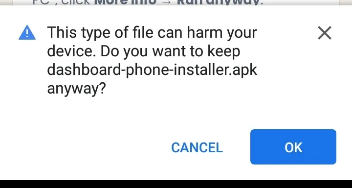 Chrome warning about the apk file with Cancel and OK