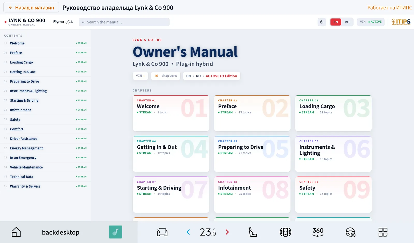 Chapters with topic counts, EN / RU, search, VIN ACTIVE.