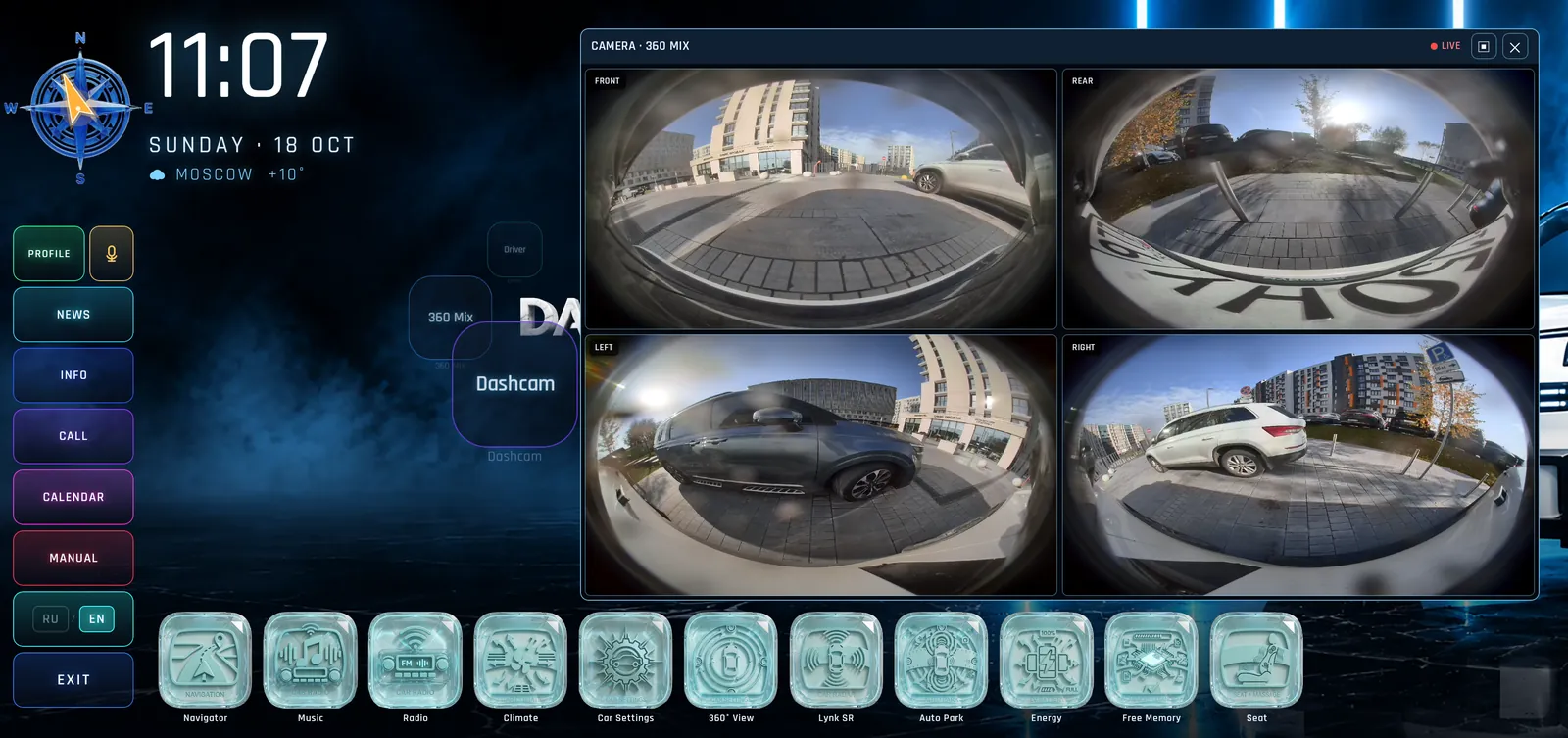 360 Mix: Front, Rear, Left and Right live in one 2 × 2 window.