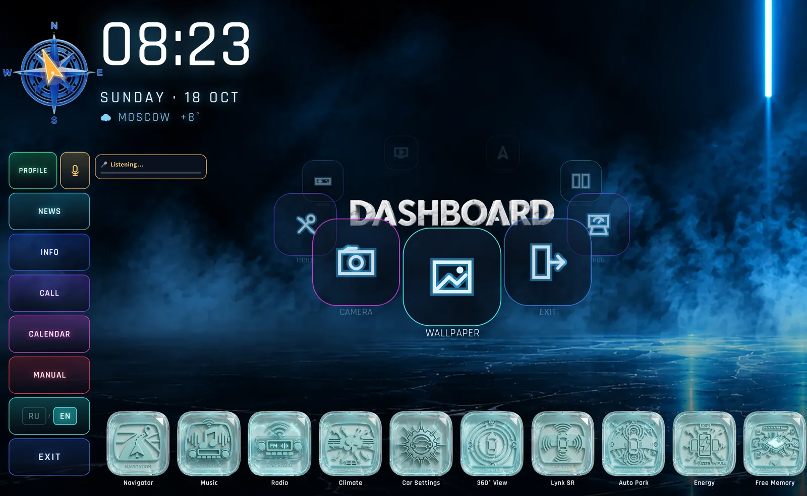“Listening…” — push-to-talk from the Launcher rail.